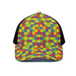 Autism Awareness Puzzle Pattern Print Black Mesh Trucker Cap