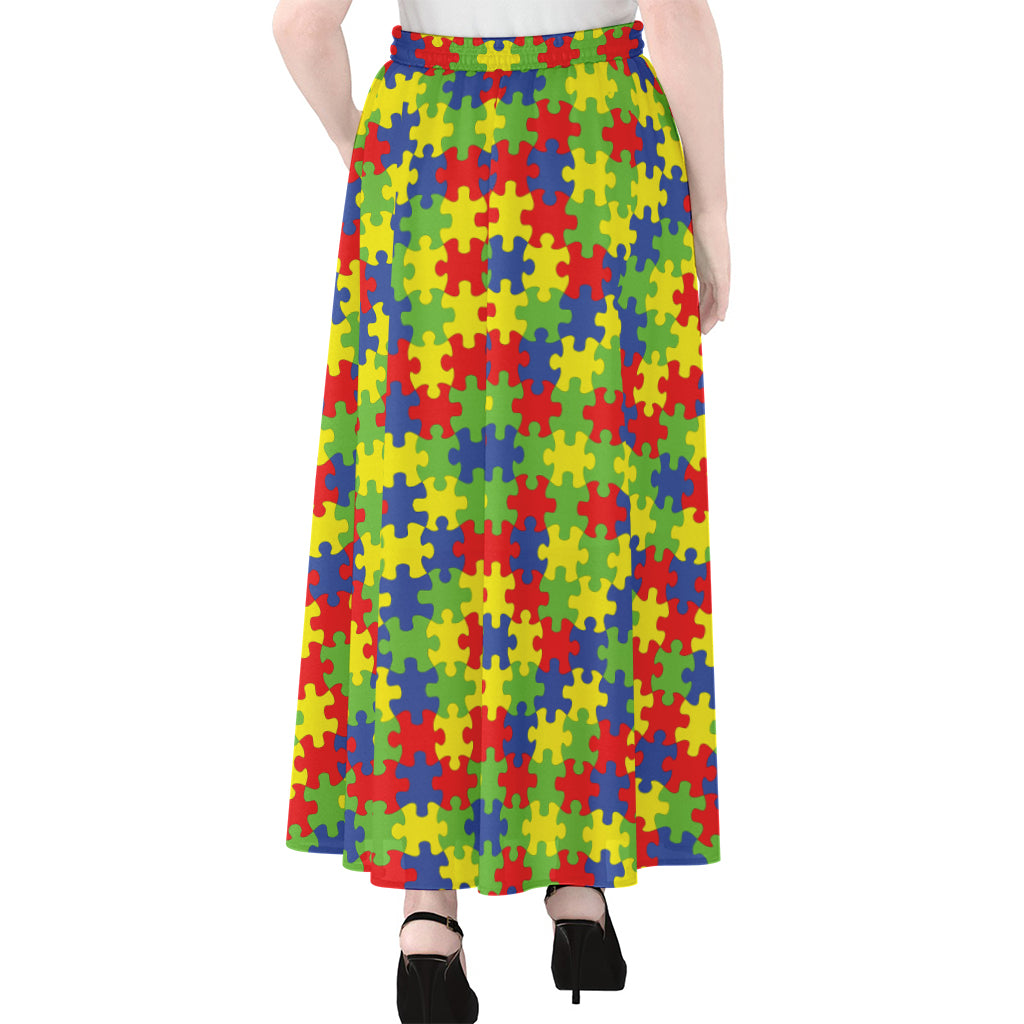 Autism Awareness Puzzle Pattern Print Chiffon Maxi Skirt