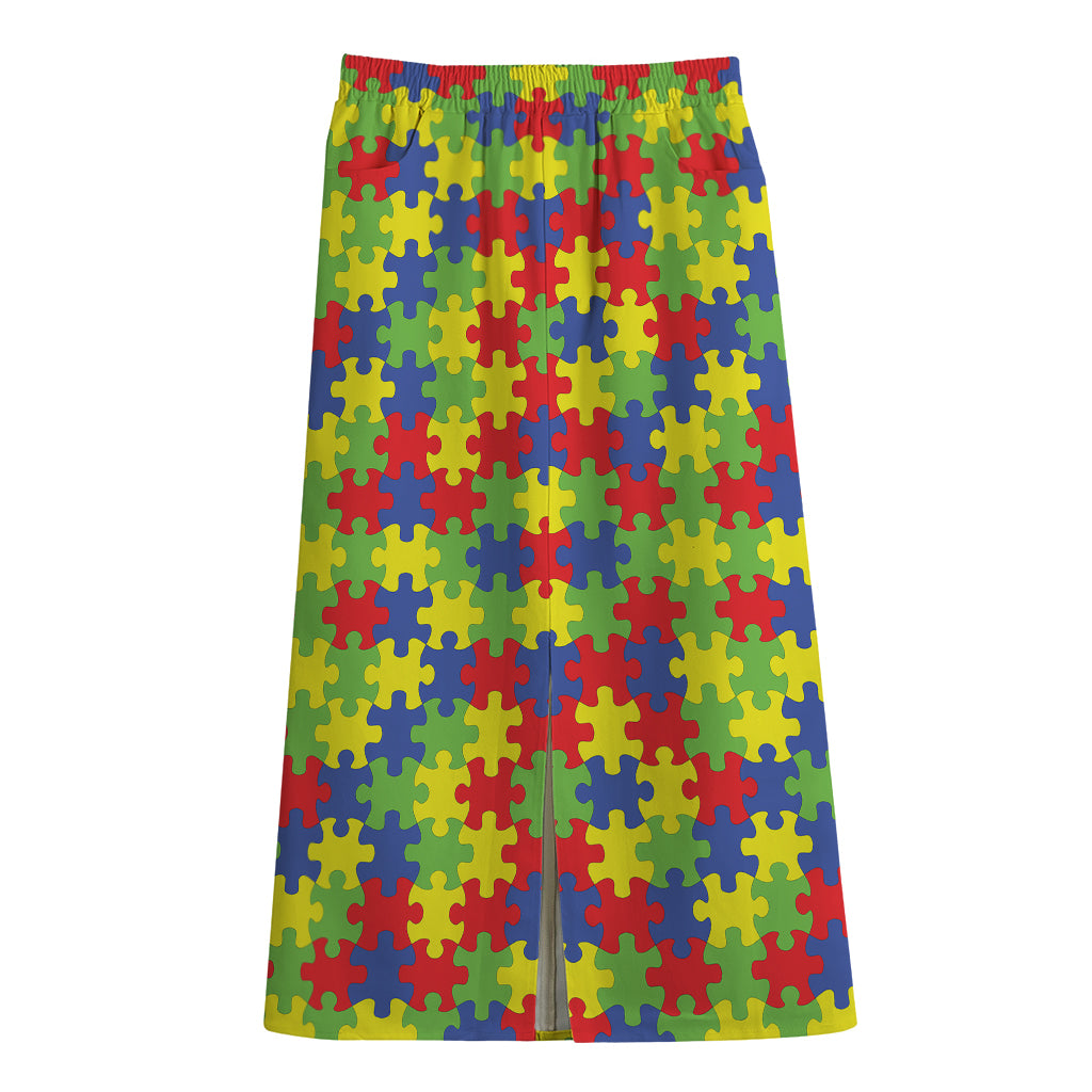 Autism Awareness Puzzle Pattern Print Cotton Front Slit Maxi Skirt