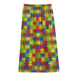 Autism Awareness Puzzle Pattern Print Cotton Front Slit Maxi Skirt