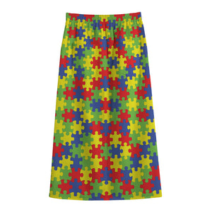 Autism Awareness Puzzle Pattern Print Cotton Front Slit Maxi Skirt