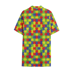 Autism Awareness Puzzle Pattern Print Cotton Hawaiian Shirt