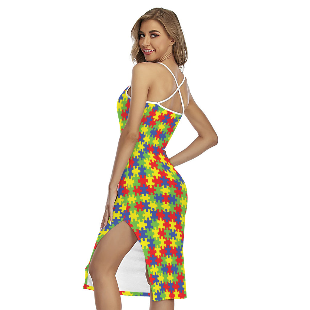 Autism Awareness Puzzle Pattern Print Cross Back Cami Dress