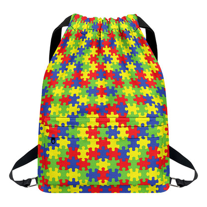 Autism Awareness Puzzle Pattern Print Drawstring Backpack
