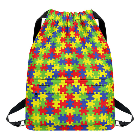 Autism Awareness Puzzle Pattern Print Drawstring Backpack