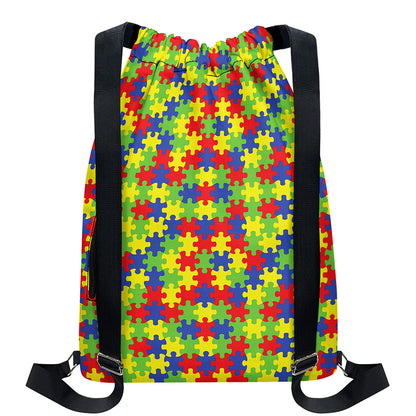 Autism Awareness Puzzle Pattern Print Drawstring Backpack