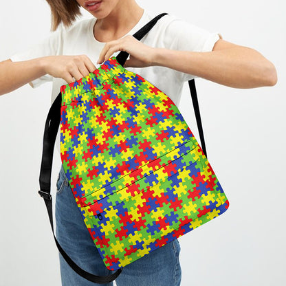 Autism Awareness Puzzle Pattern Print Drawstring Backpack