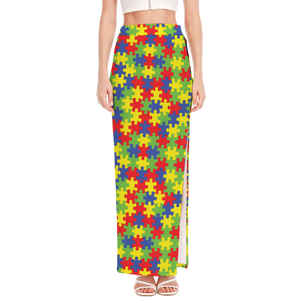 Autism Awareness Puzzle Pattern Print High Slit Maxi Skirt