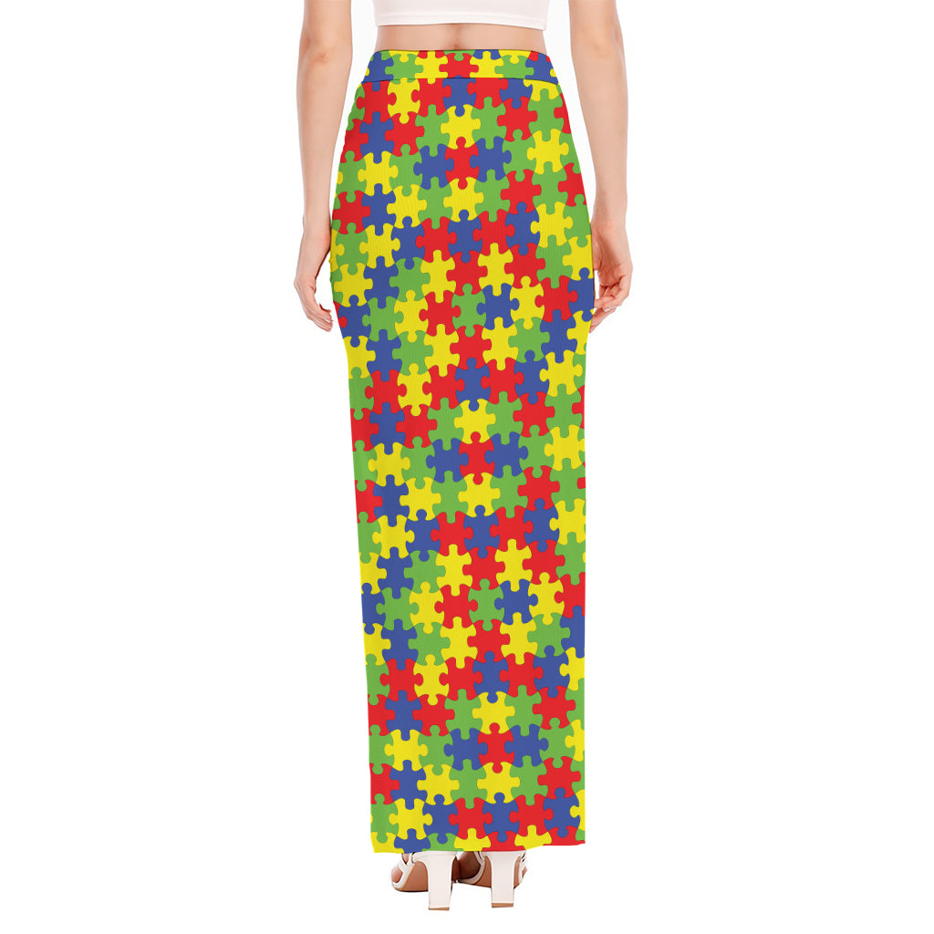 Autism Awareness Puzzle Pattern Print High Slit Maxi Skirt