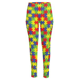 Autism Awareness Puzzle Pattern Print High-Waisted Pocket Leggings