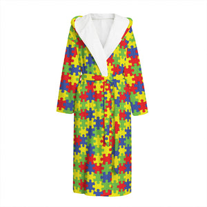 Autism Awareness Puzzle Pattern Print Hooded Bathrobe