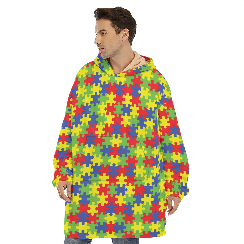 Autism Awareness Puzzle Pattern Print Hoodie Blanket