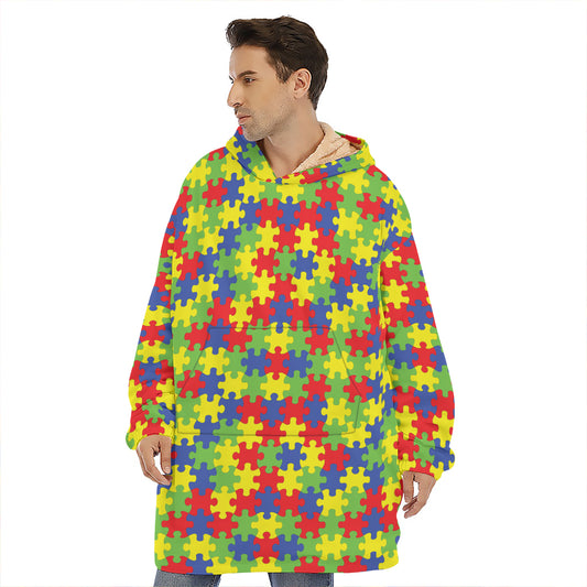 Autism Awareness Puzzle Pattern Print Hoodie Blanket