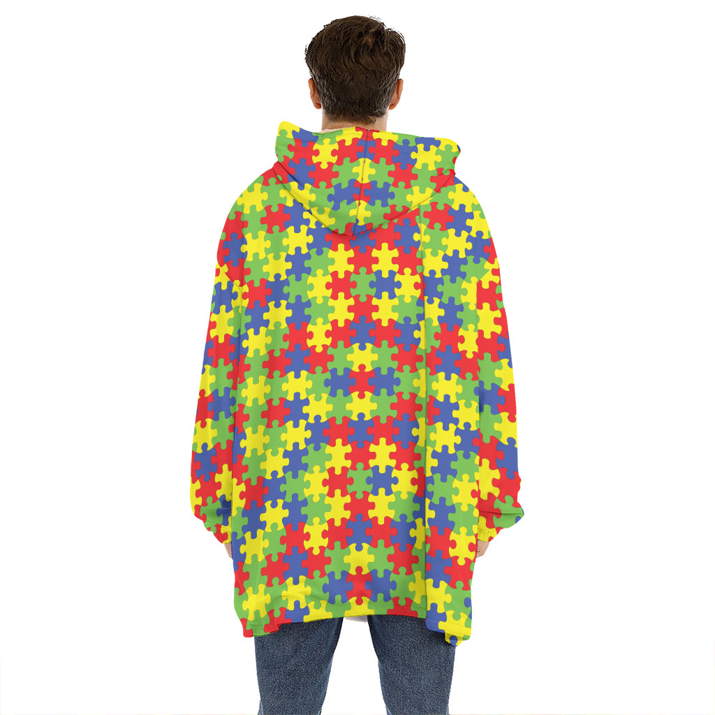 Autism Awareness Puzzle Pattern Print Hoodie Blanket