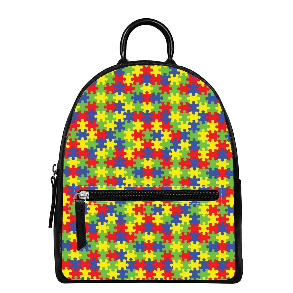 Autism Awareness Puzzle Pattern Print Leather Backpack