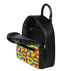 Autism Awareness Puzzle Pattern Print Leather Backpack