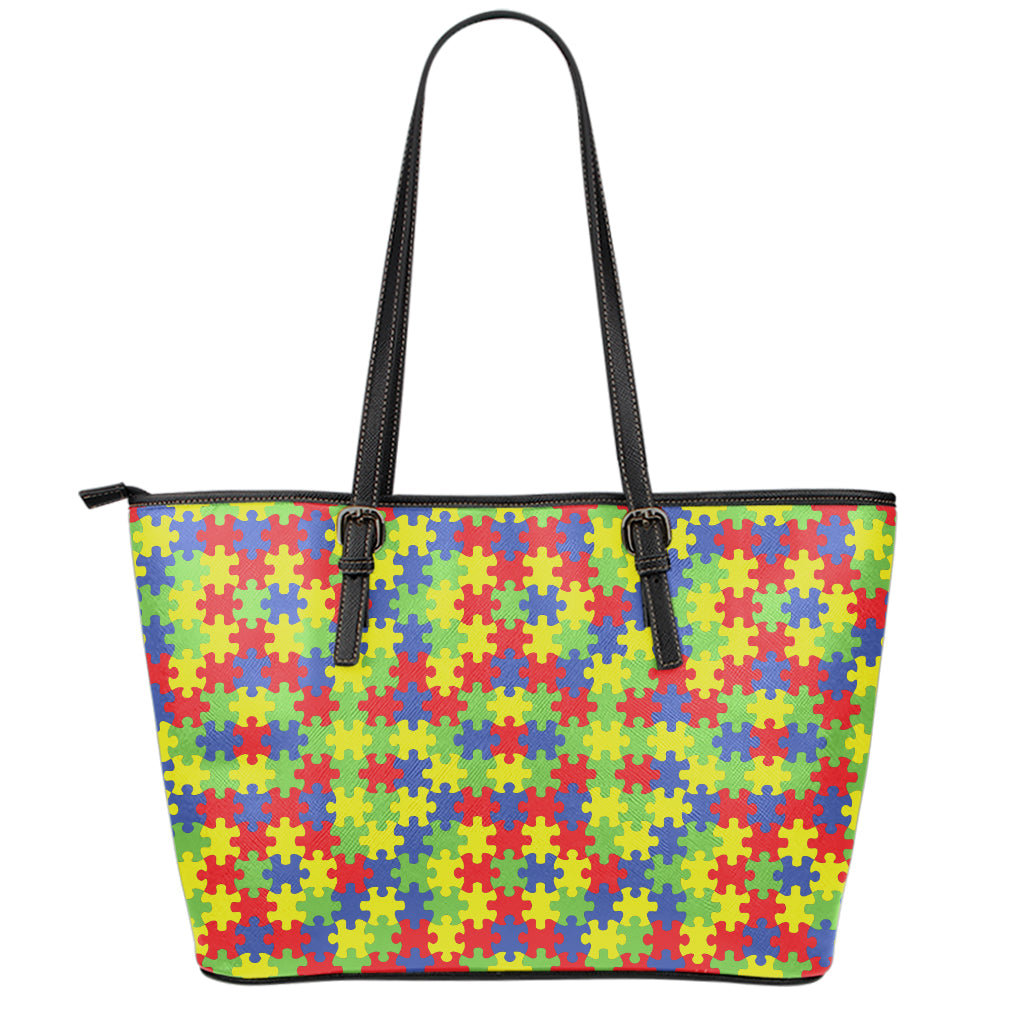 Autism Awareness Puzzle Pattern Print Leather Tote Bag