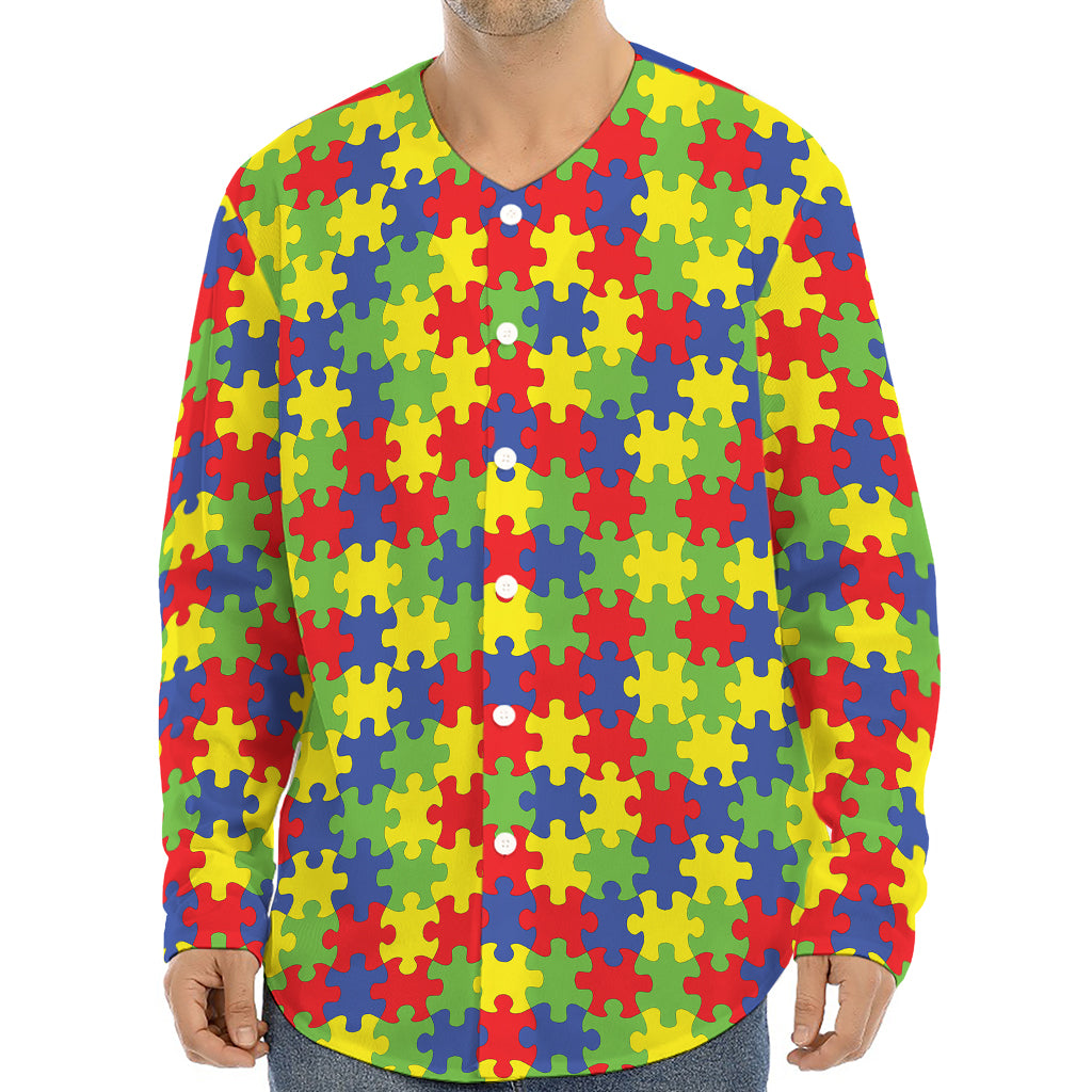 Autism Awareness Puzzle Pattern Print Long Sleeve Baseball Jersey