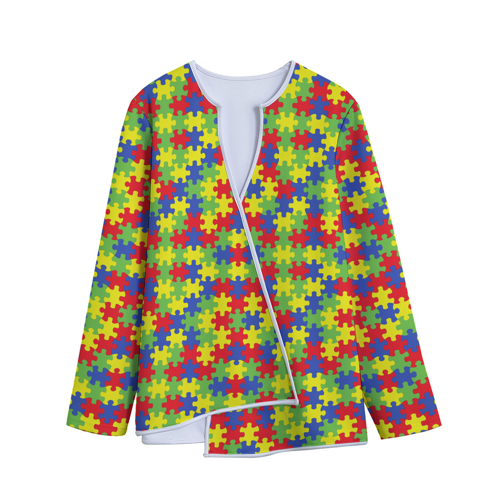 Autism Awareness Puzzle Pattern Print Long Sleeve Short Coat