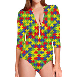 Autism Awareness Puzzle Pattern Print Long Sleeve Swimsuit