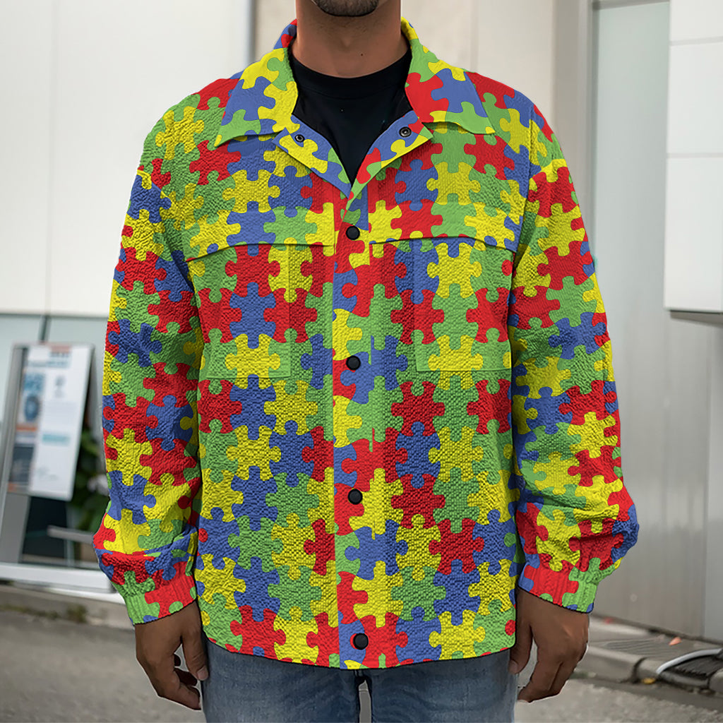 Autism Awareness Puzzle Pattern Print Men's Shirt Jacket