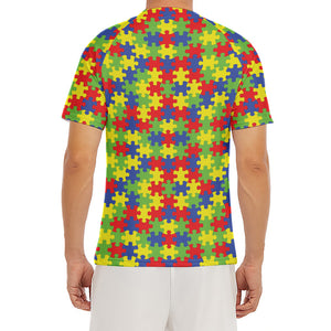 Autism Awareness Puzzle Pattern Print Men's Short Sleeve Rash Guard