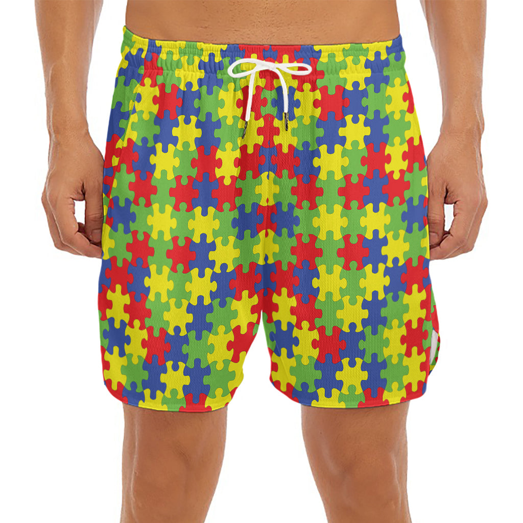 Autism Awareness Puzzle Pattern Print Men's Split Running Shorts