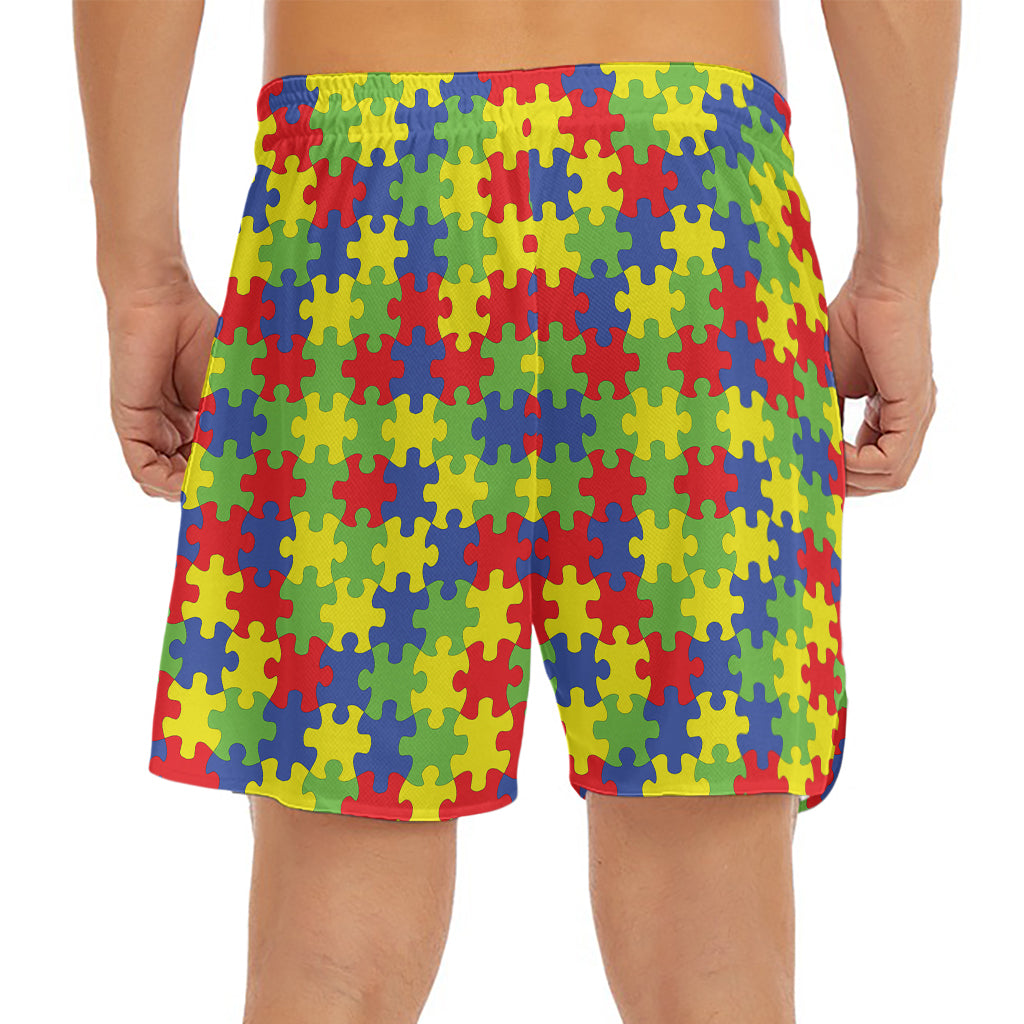 Autism Awareness Puzzle Pattern Print Men's Split Running Shorts