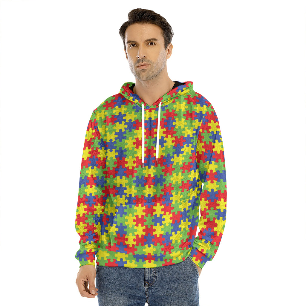 Autism Awareness Puzzle Pattern Print Men's Velvet Pullover Hoodie