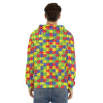 Autism Awareness Puzzle Pattern Print Men's Velvet Pullover Hoodie