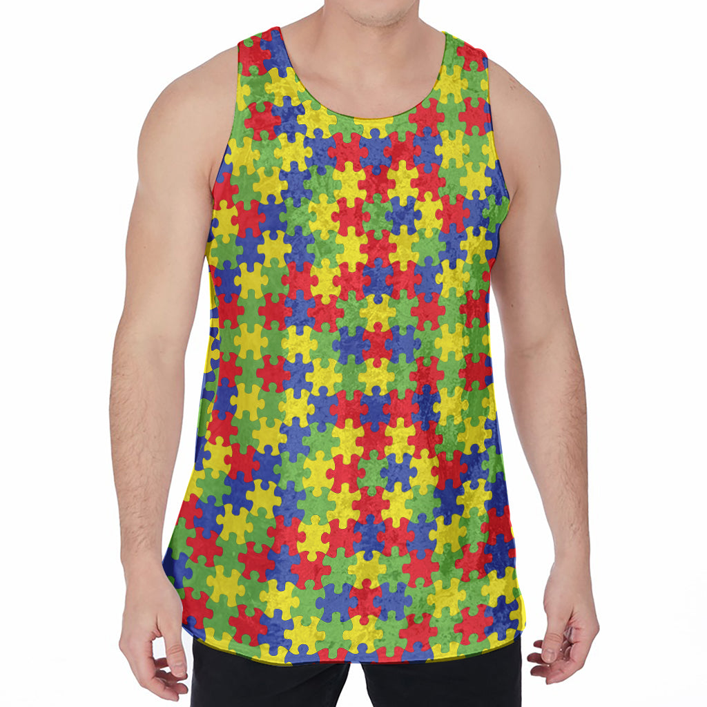 Autism Awareness Puzzle Pattern Print Men's Velvet Tank Top