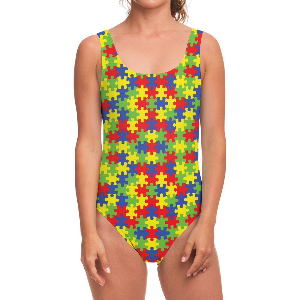 Autism Awareness Puzzle Pattern Print One Piece Swimsuit