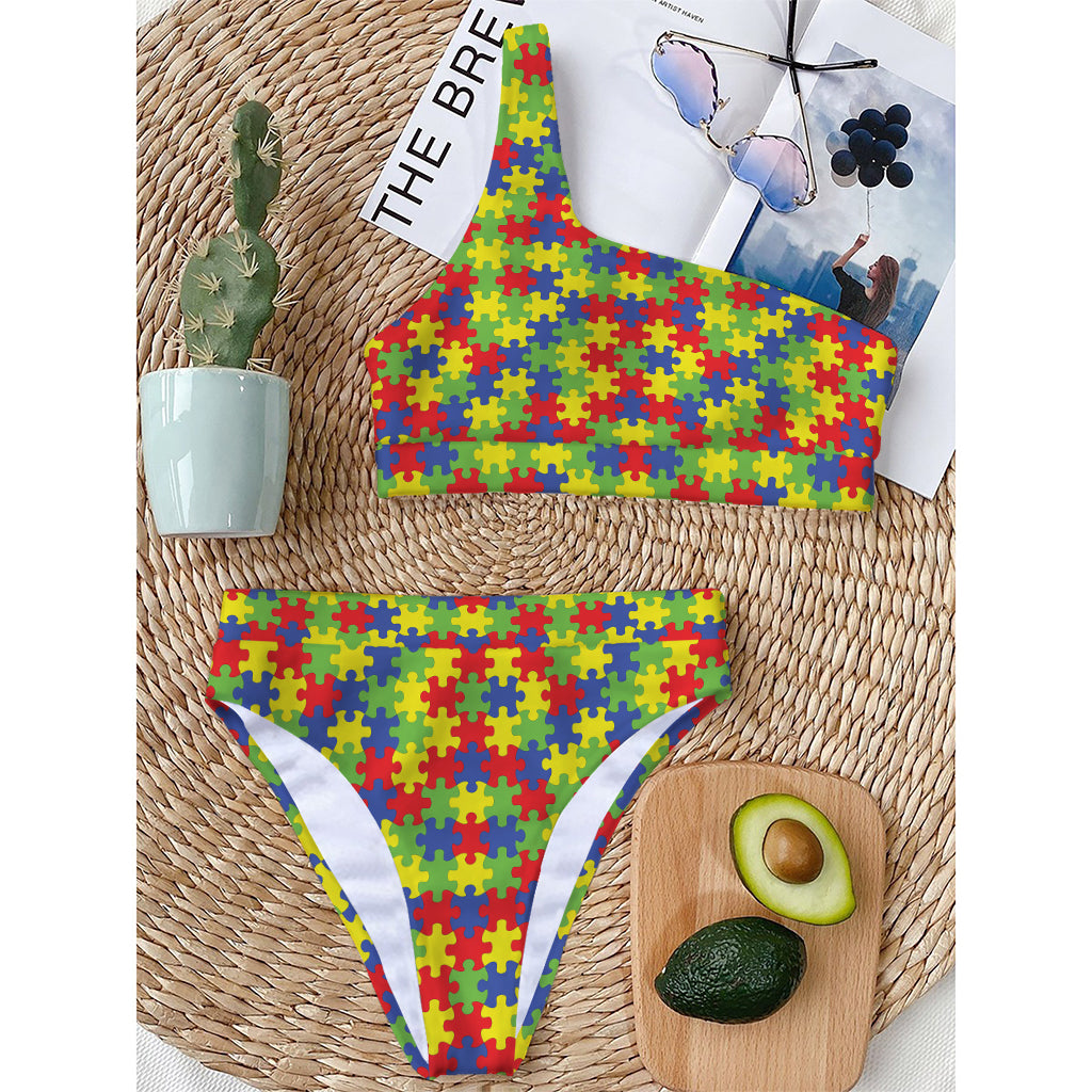 Autism Awareness Puzzle Pattern Print One Shoulder Bikini Top