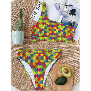 Autism Awareness Puzzle Pattern Print One Shoulder Bikini Top