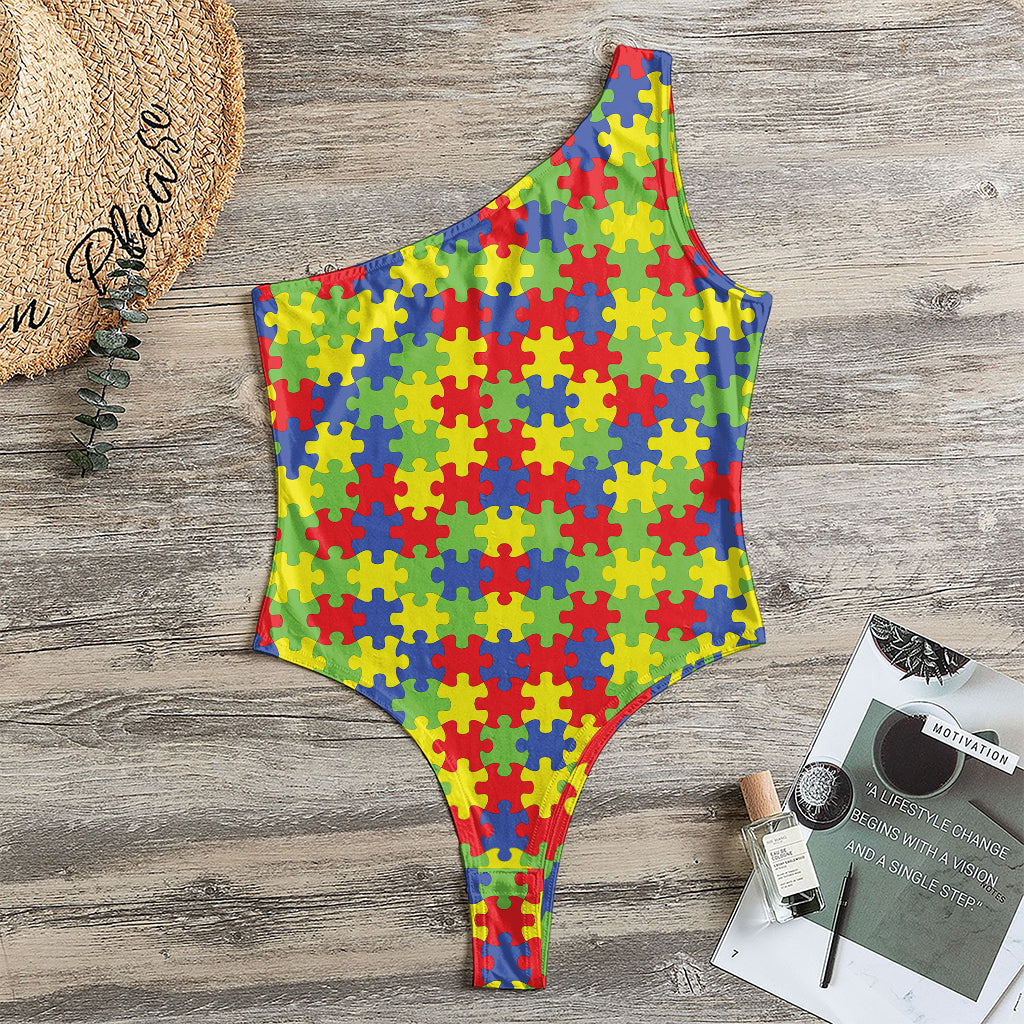 Autism Awareness Puzzle Pattern Print One Shoulder Bodysuit