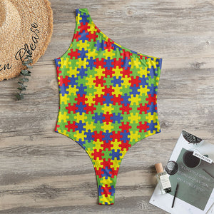 Autism Awareness Puzzle Pattern Print One Shoulder Bodysuit