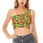 Autism Awareness Puzzle Pattern Print One Shoulder Crop Top