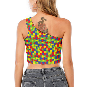 Autism Awareness Puzzle Pattern Print One Shoulder Crop Top