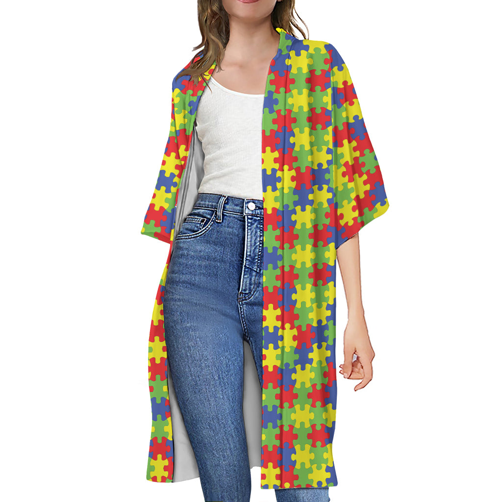 Autism Awareness Puzzle Pattern Print Open Front Beach Cover Up