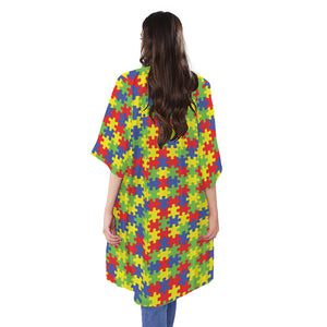 Autism Awareness Puzzle Pattern Print Open Front Beach Cover Up