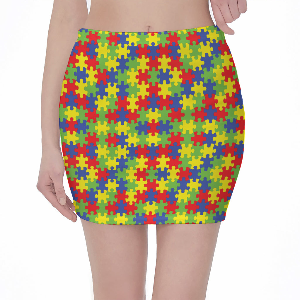 Autism Awareness Puzzle Pattern Print Pencil Mini Skirt