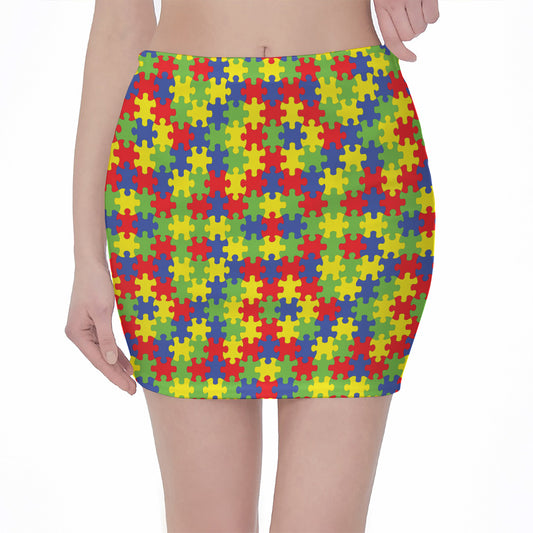 Autism Awareness Puzzle Pattern Print Pencil Mini Skirt