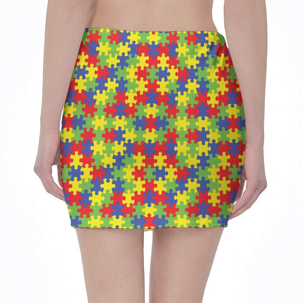 Autism Awareness Puzzle Pattern Print Pencil Mini Skirt