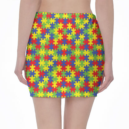 Autism Awareness Puzzle Pattern Print Pencil Mini Skirt