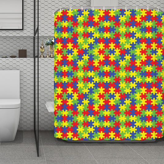 Autism Awareness Puzzle Pattern Print Polyester Shower Curtain