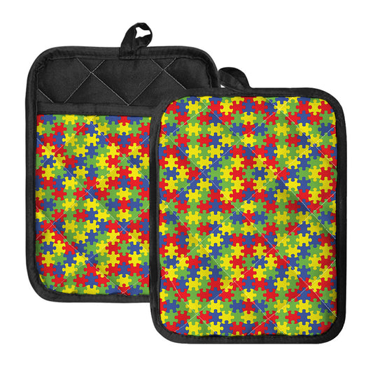 Autism Awareness Puzzle Pattern Print Pot Holders With Pocket
