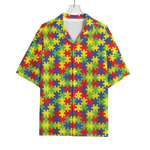 Autism Awareness Puzzle Pattern Print Rayon Hawaiian Shirt