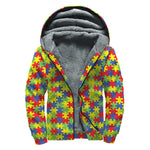 Autism Awareness Puzzle Pattern Print Sherpa Lined Zip Up Hoodie