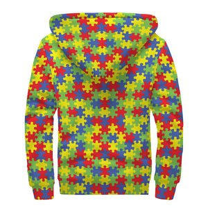 Autism Awareness Puzzle Pattern Print Sherpa Lined Zip Up Hoodie