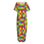 Autism Awareness Puzzle Pattern Print Short Sleeve Long Nightdress